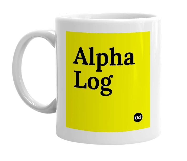 White mug with 'Alpha Log' in bold black letters