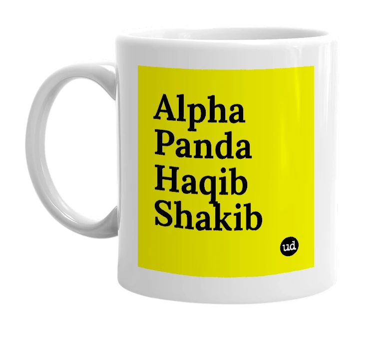 White mug with 'Alpha Panda Haqib Shakib' in bold black letters