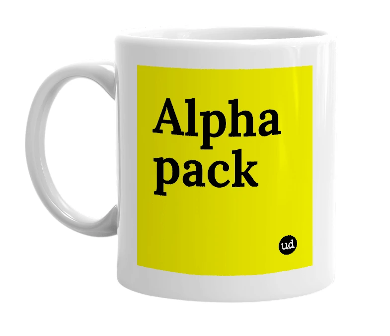 White mug with 'Alpha pack' in bold black letters