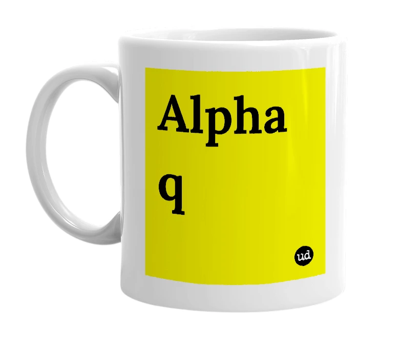White mug with 'Alpha q' in bold black letters