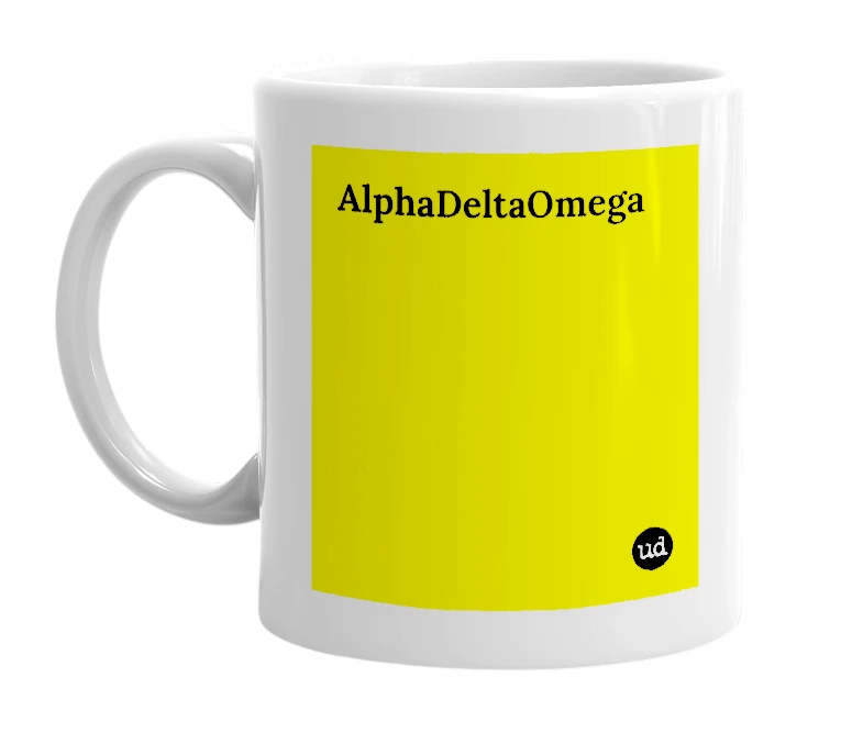 White mug with 'AlphaDeltaOmega' in bold black letters