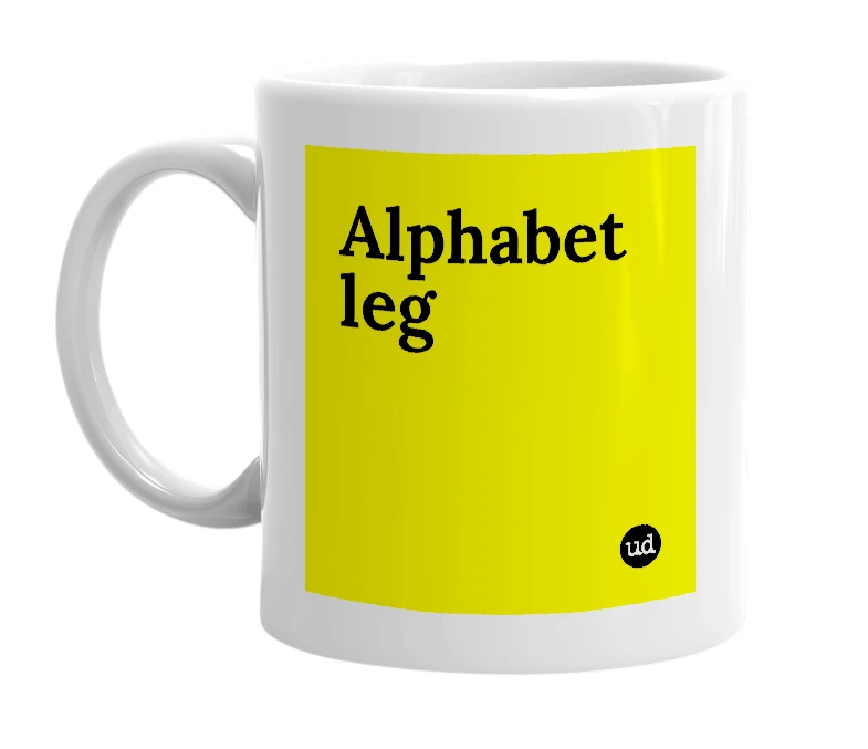 White mug with 'Alphabet leg' in bold black letters