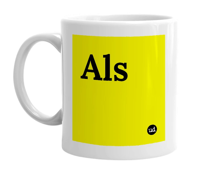 White mug with 'Als' in bold black letters