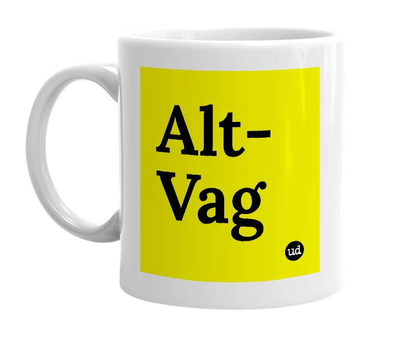 White mug with 'Alt-Vag' in bold black letters