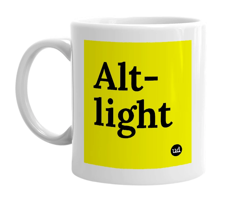 White mug with 'Alt-light' in bold black letters