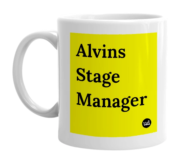 White mug with 'Alvins Stage Manager' in bold black letters