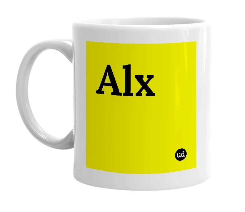 White mug with 'Alx' in bold black letters