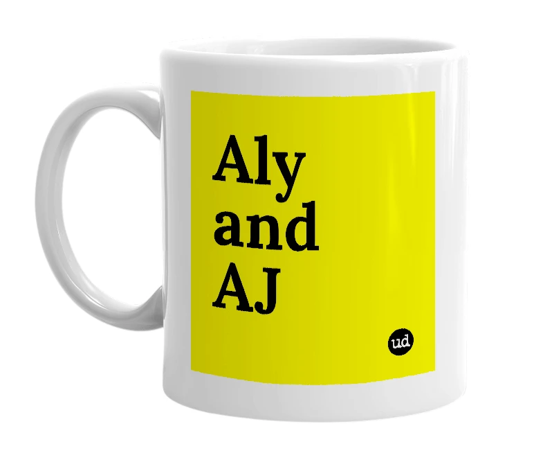 White mug with 'Aly and AJ' in bold black letters