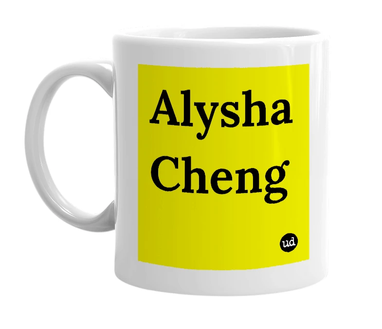 White mug with 'Alysha Cheng' in bold black letters