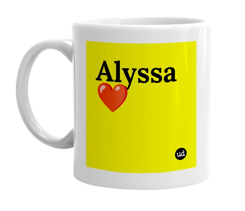 White mug with 'Alyssa ❤️' in bold black letters