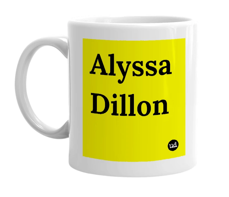 White mug with 'Alyssa Dillon' in bold black letters