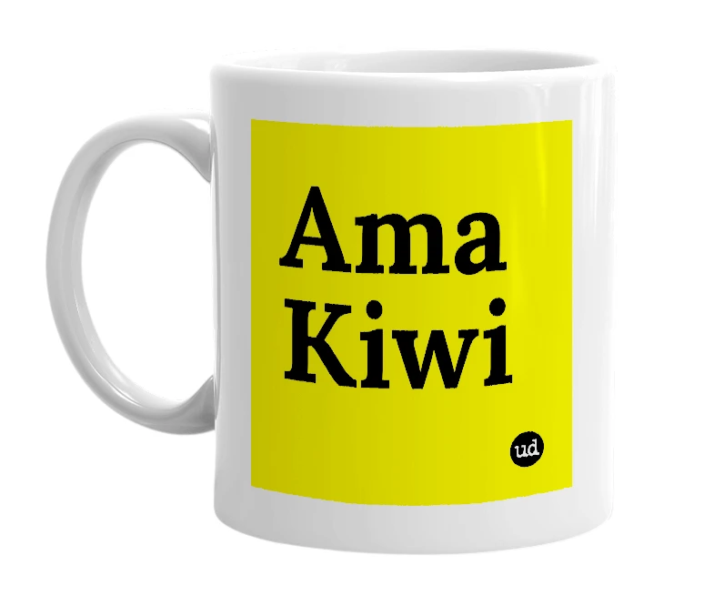 White mug with 'Ama Kiwi' in bold black letters