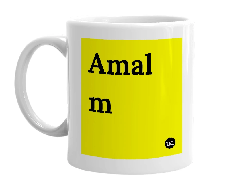White mug with 'Amal m' in bold black letters