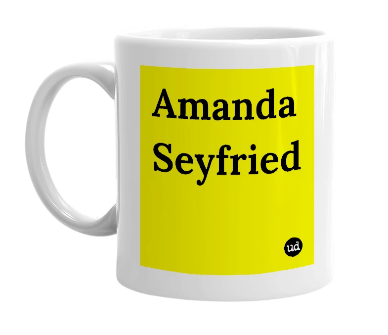 White mug with 'Amanda Seyfried' in bold black letters