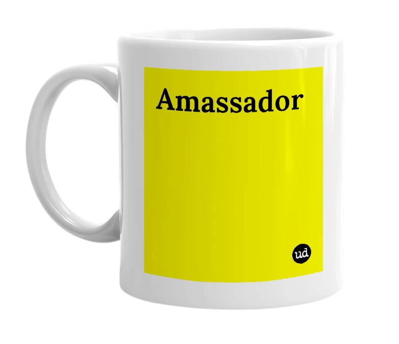 White mug with 'Amassador' in bold black letters