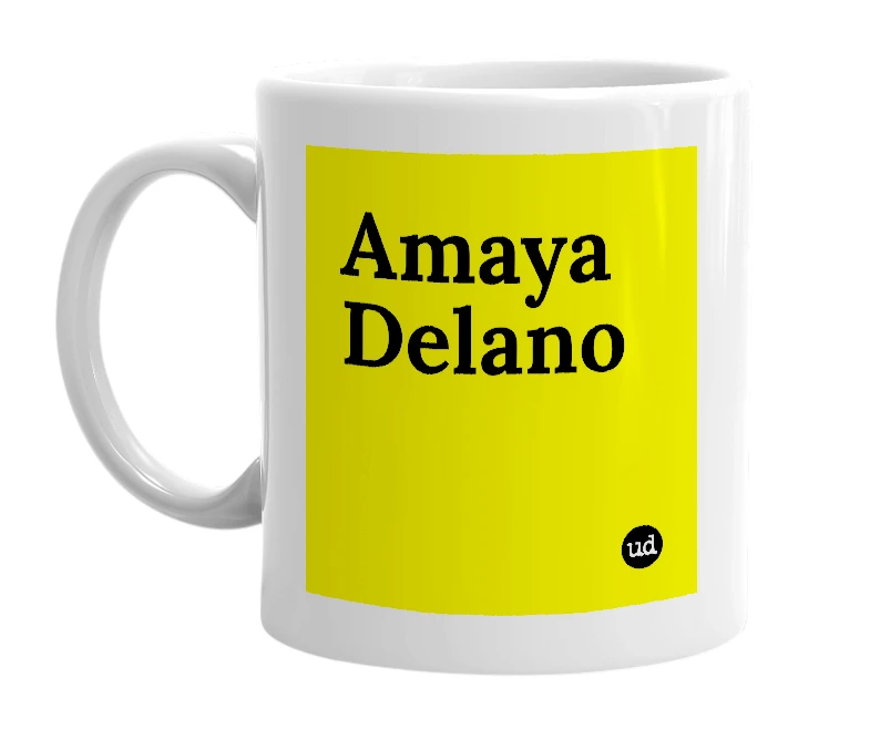 White mug with 'Amaya Delano' in bold black letters
