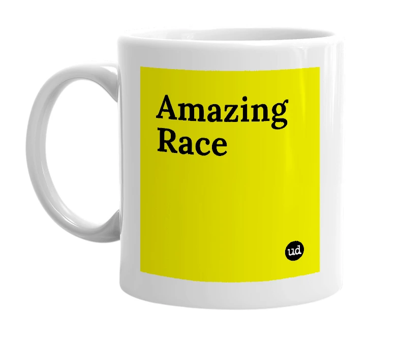 White mug with 'Amazing Race' in bold black letters