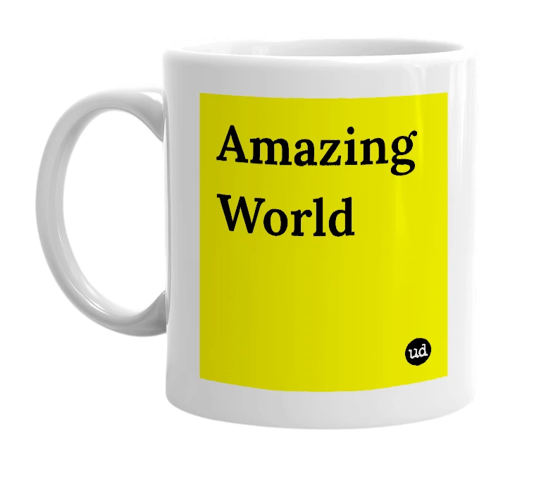 White mug with 'Amazing World' in bold black letters
