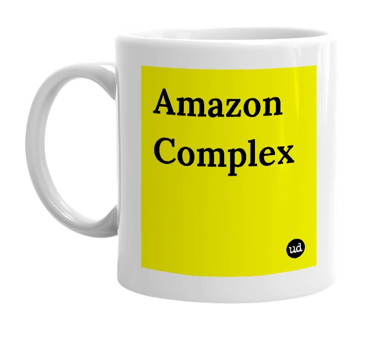 White mug with 'Amazon Complex' in bold black letters