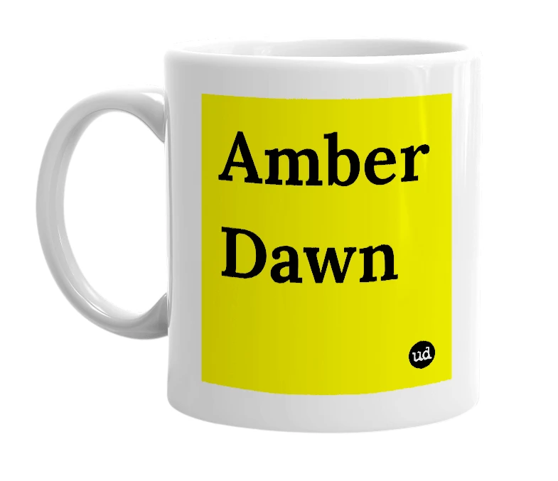 White mug with 'Amber Dawn' in bold black letters