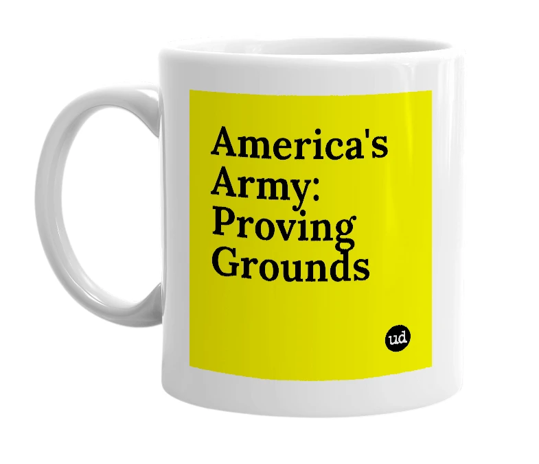 White mug with 'America's Army: Proving Grounds' in bold black letters