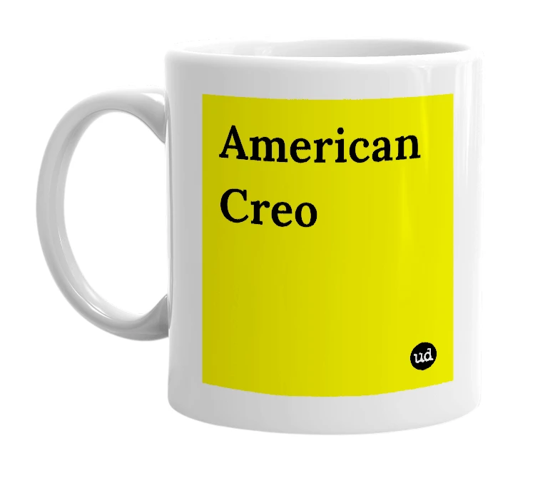 White mug with 'American Creo' in bold black letters