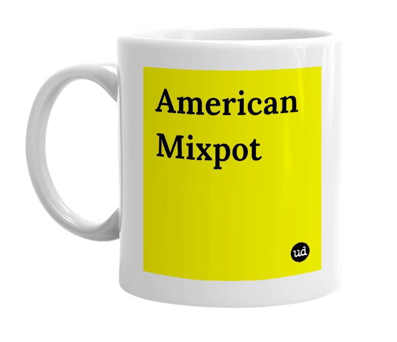 White mug with 'American Mixpot' in bold black letters