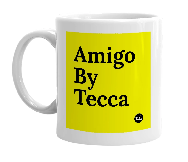 White mug with 'Amigo By Tecca' in bold black letters