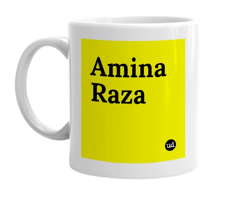 White mug with 'Amina Raza' in bold black letters