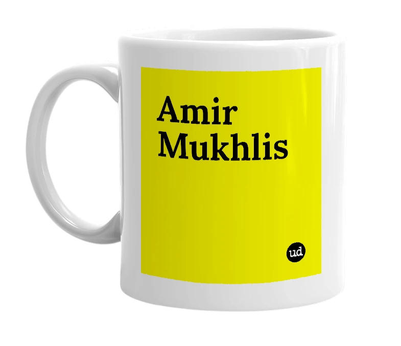 White mug with 'Amir Mukhlis' in bold black letters