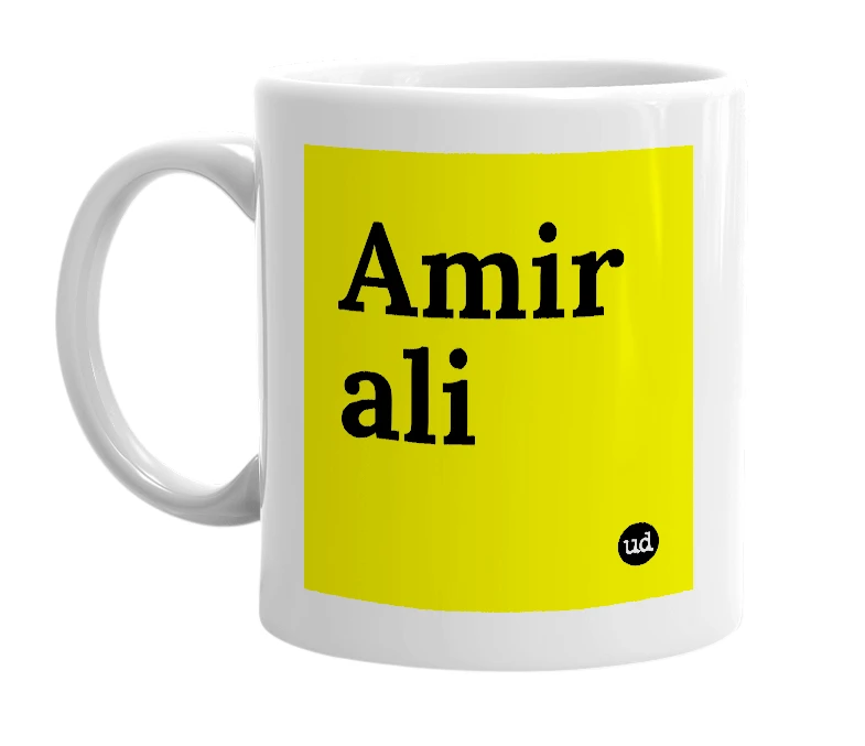 White mug with 'Amir ali' in bold black letters