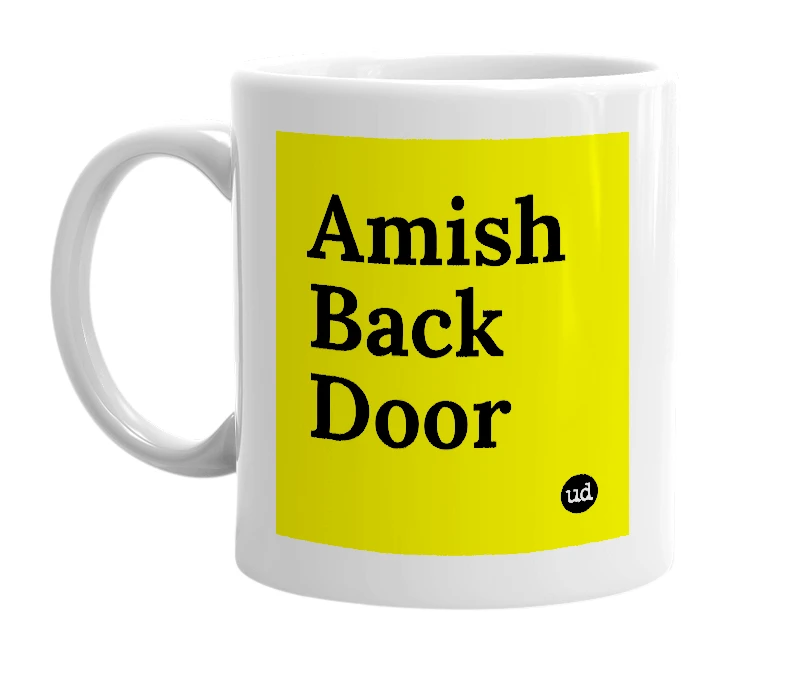 White mug with 'Amish Back Door' in bold black letters