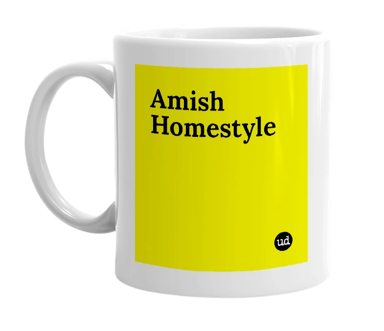 White mug with 'Amish Homestyle' in bold black letters