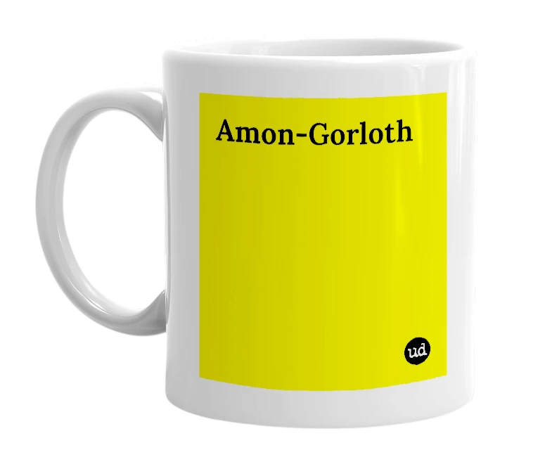 White mug with 'Amon-Gorloth' in bold black letters