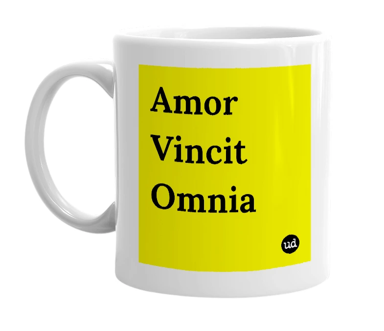 White mug with 'Amor Vincit Omnia' in bold black letters