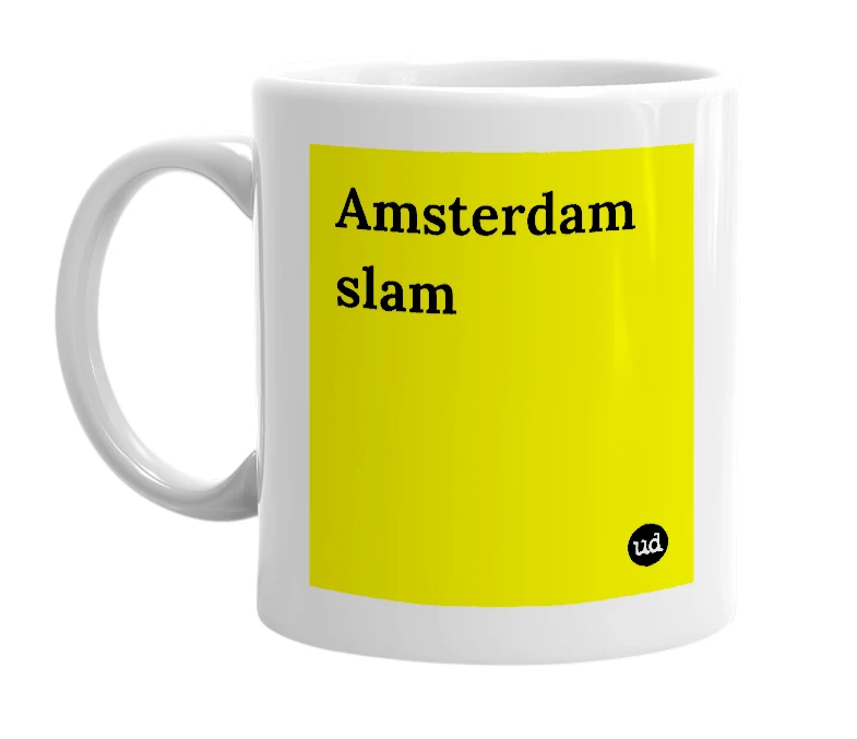 White mug with 'Amsterdam slam' in bold black letters