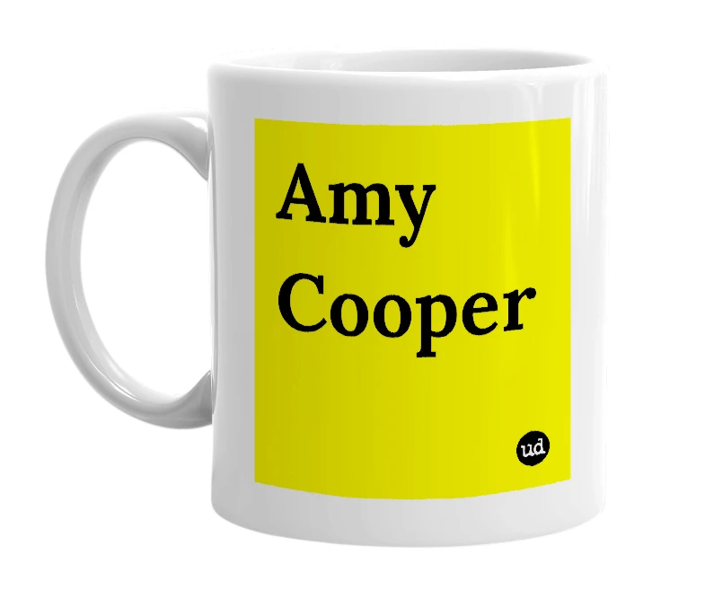 White mug with 'Amy Cooper' in bold black letters