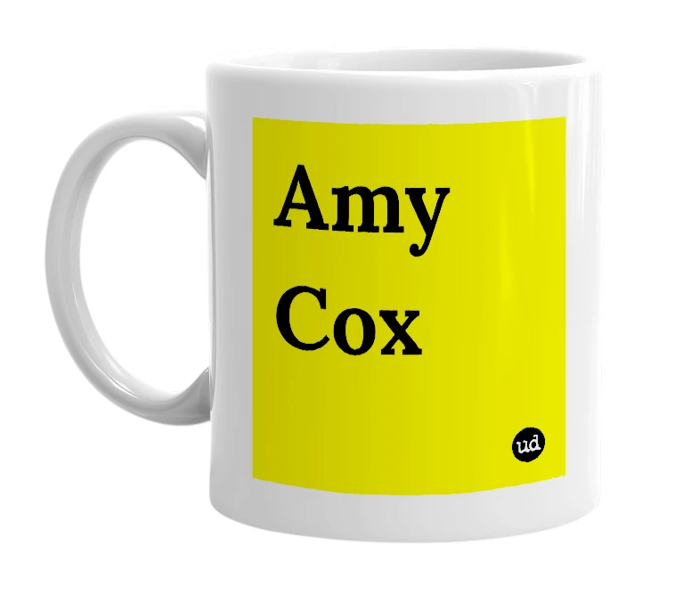 White mug with 'Amy Cox' in bold black letters