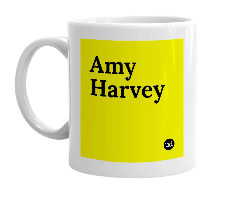 White mug with 'Amy Harvey' in bold black letters