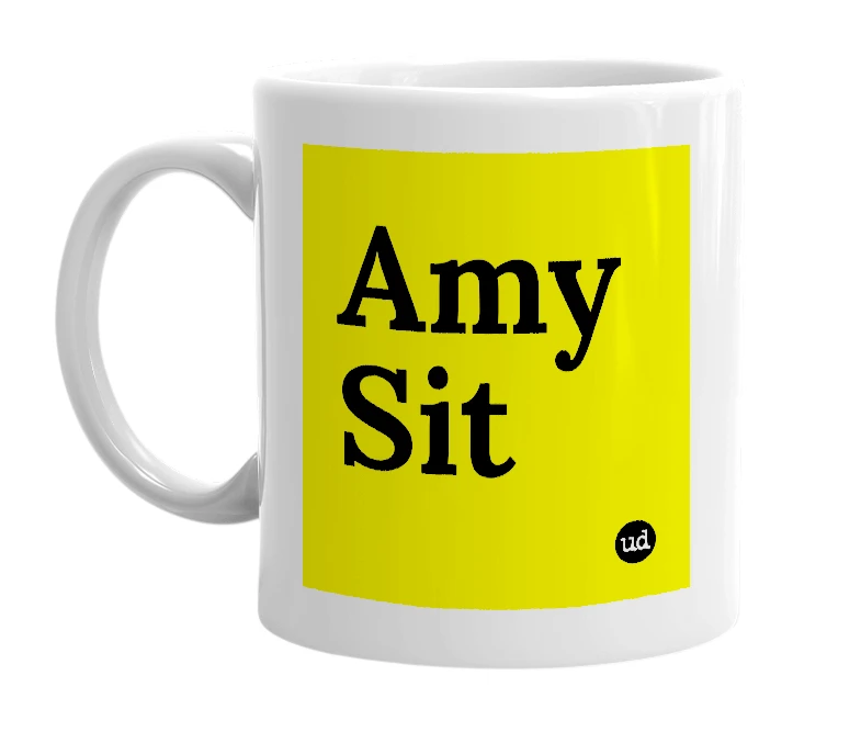 White mug with 'Amy Sit' in bold black letters