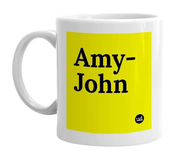 White mug with 'Amy-John' in bold black letters