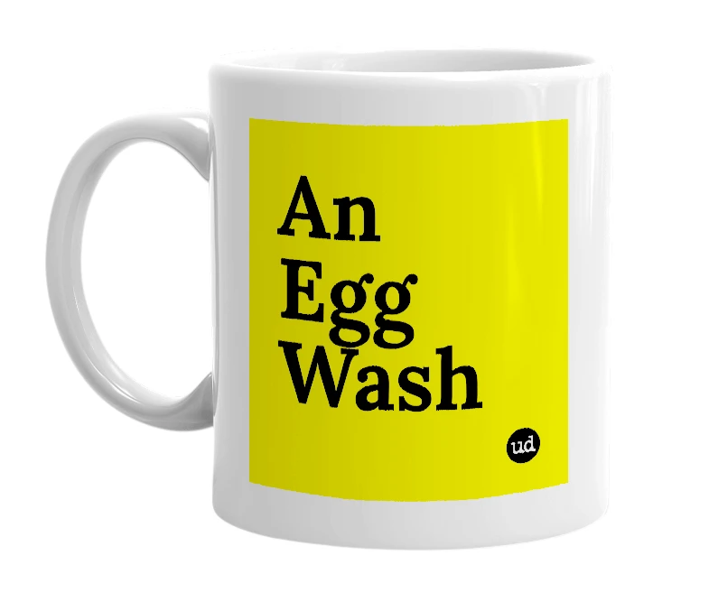 White mug with 'An Egg Wash' in bold black letters