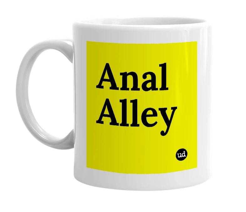 White mug with 'Anal Alley' in bold black letters