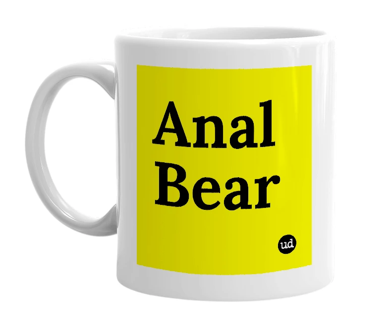 White mug with 'Anal Bear' in bold black letters