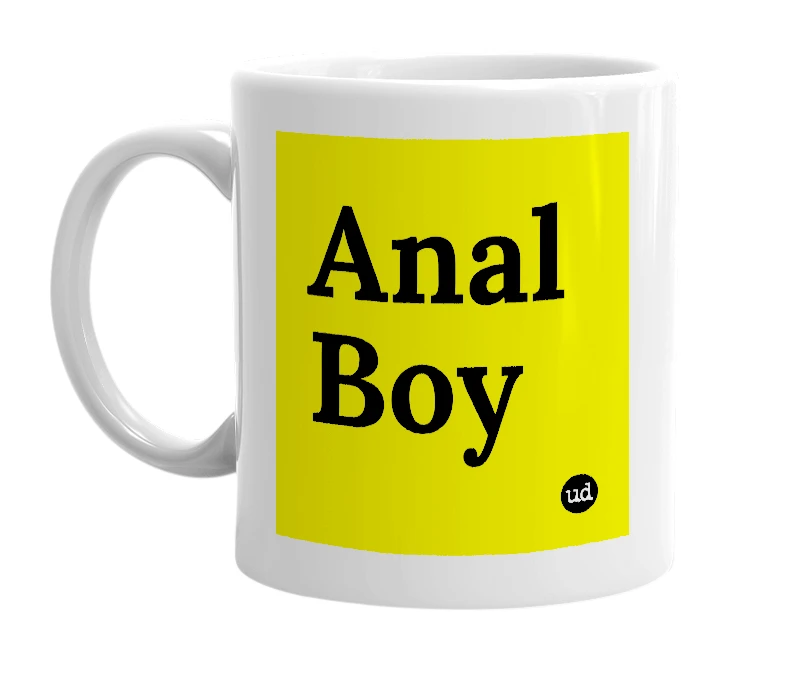 White mug with 'Anal Boy' in bold black letters