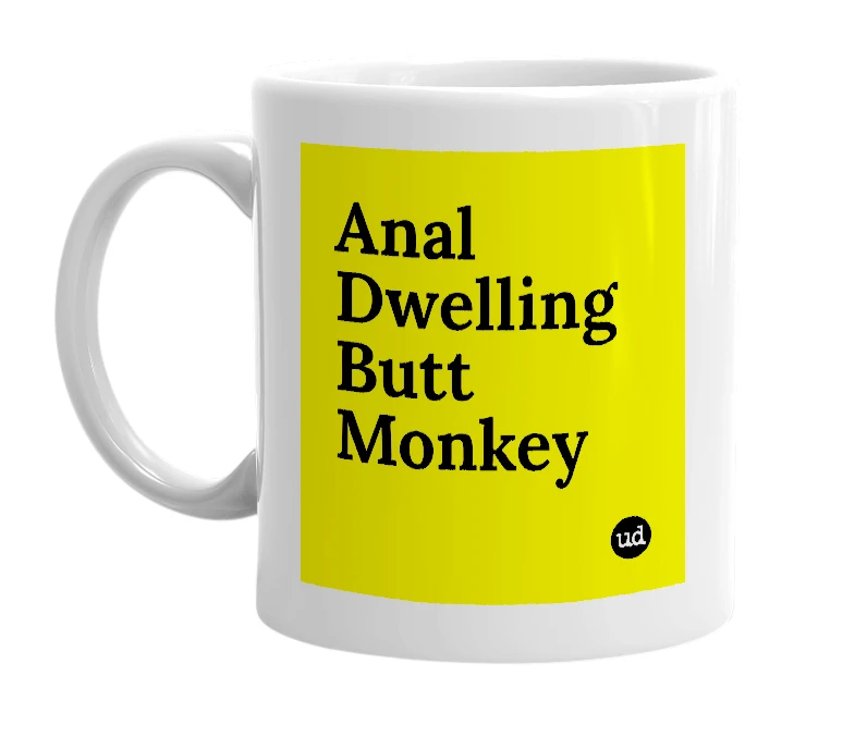 White mug with 'Anal Dwelling Butt Monkey' in bold black letters