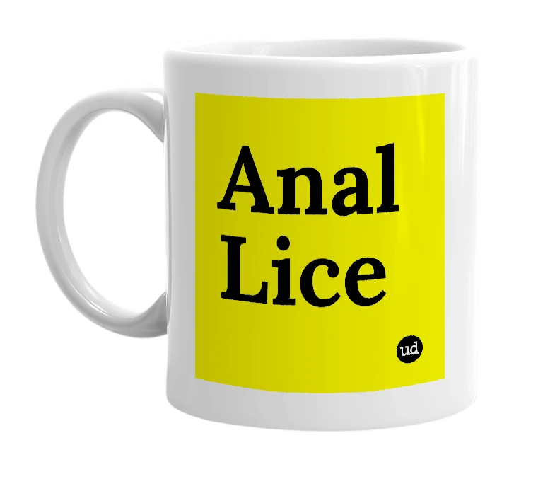 White mug with 'Anal Lice' in bold black letters