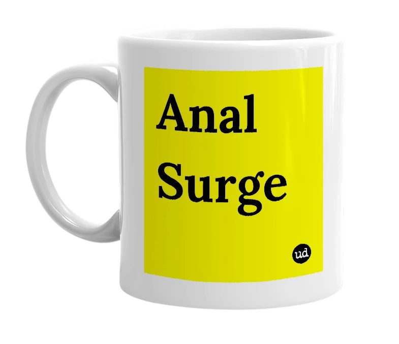 White mug with 'Anal Surge' in bold black letters