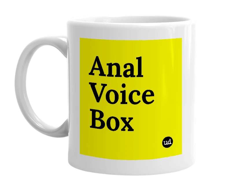 White mug with 'Anal Voice Box' in bold black letters