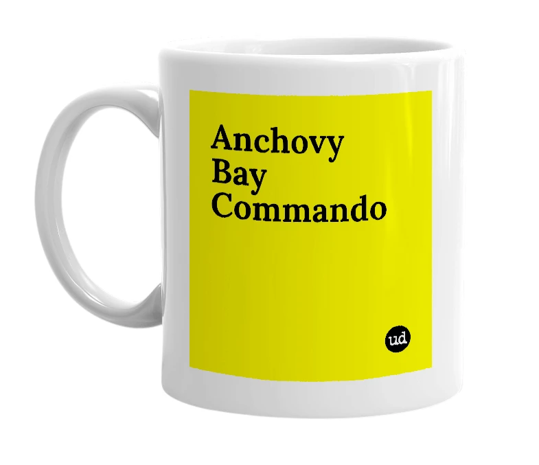 White mug with 'Anchovy Bay Commando' in bold black letters